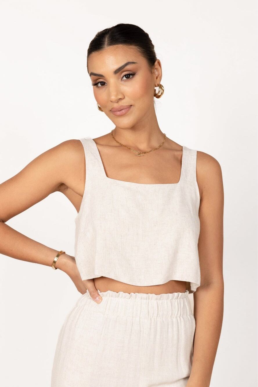 Petal & Pup Eleanor Cropped Top Beige 100% Linen Size Medium